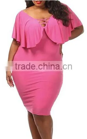 Women's Batwing Sleeve V Neck Solid Bodycon Plus Size Dress photo-4