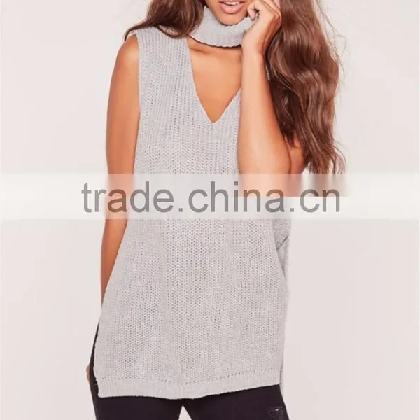 Plain Sleeveless Women Knitwear Sweater With Split Hem Choker Neck Chunky Tunic Grey photo-3