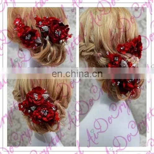 Aidocrystal Red Bridal Wedding Hairpiece,red Flower With Pearl Bridal Hair Flower Accessories, Hair Clip photo-4
