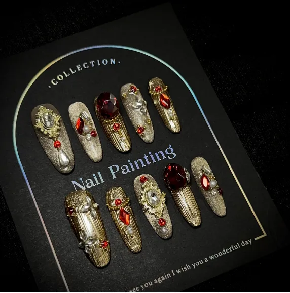 High-End Handmade Pink Cat-Eye Long Rhinestone Glitter False Nail Art Stickers
