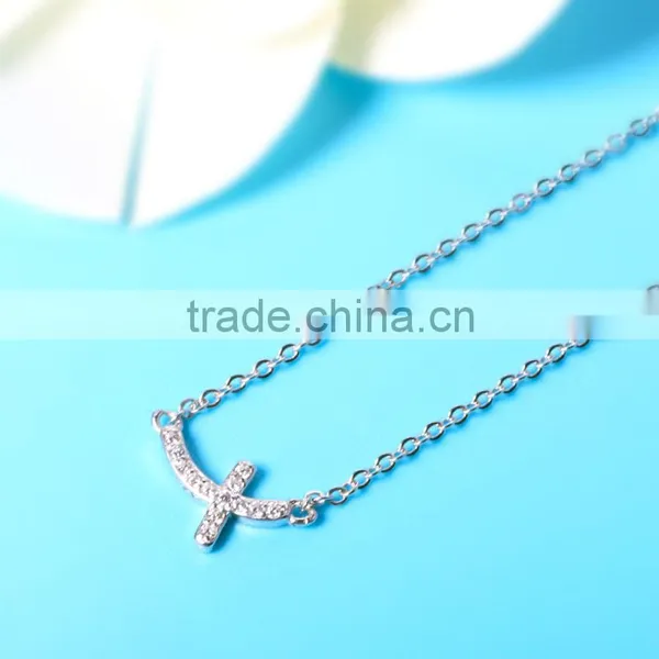 925 Sterling Silver Full CZ Sideways Curved Cross Charm Necklace photo-6