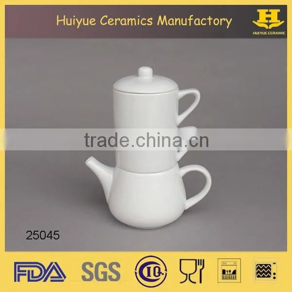 Ceramic Tea Set for Two Person, White Tea Pot and Two Cups, Porcelain Teaset