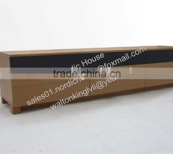 Mordern Scandinavian Black Glass Oak Melamine Veneer TV Stand
