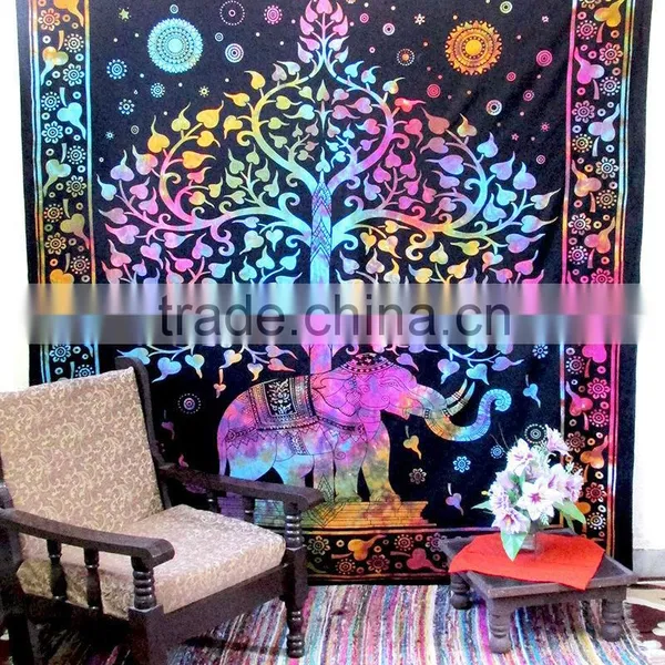 Indian Elephant Tree of Life Tie n Dye Wall Hanging Tapestry