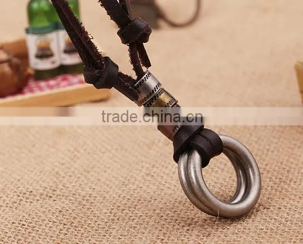 Original Genuine Brown Leather Cord Double Alloy Circle Pendant Punk Jewelry Men Necklace photo-5