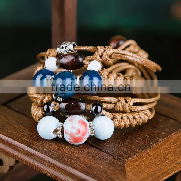 Handmade Vintage Porcelain Beads Bracelet Leather Woven Bracelets photo-5