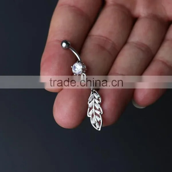 Body Jewellery Fancy CZ Paved 14 Gague Surgical Steel Leaf Body Jewelry Vibrating Navel Rings photo-3