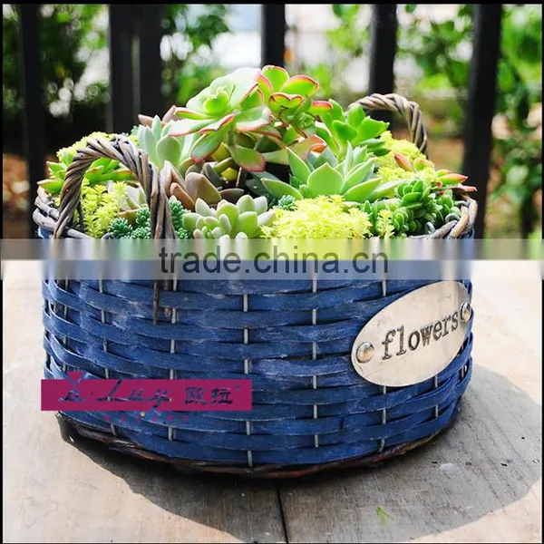 Round Wood Chip Blue Flower Basket photo-3