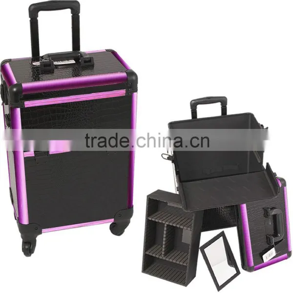 Black Makeup Pro Rolling Trolley Case- Purple Trim, Large Storage & Tray