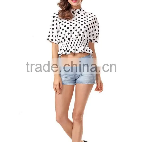 New Fashion Cotton Quilting Dot Printed Short Sleeve Woman Crop Top photo-2