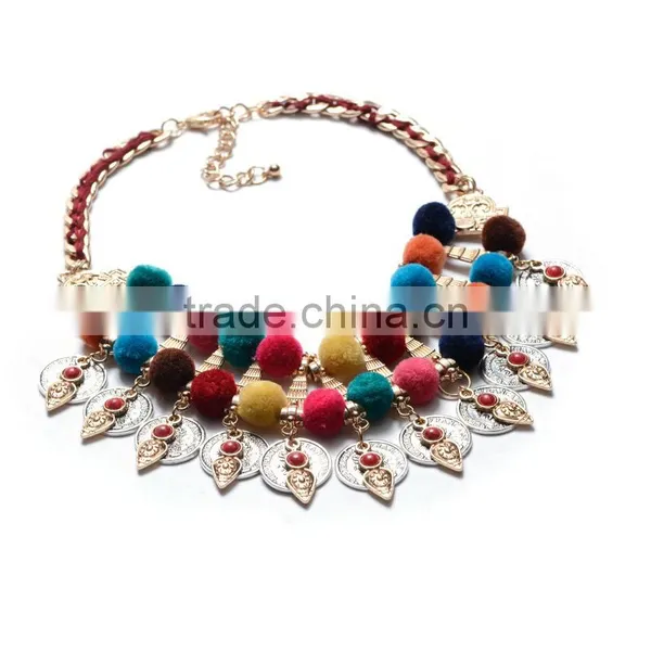 Europe and the United States Ethnic Hand-woven Wool Ball Necklace Big Brand Fashion Multilayer Rivet Triangle Alloy Necklace photo-3