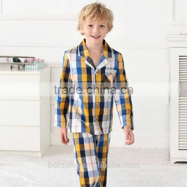 2015 Top Fashion 100% Cotton Home Lattice Sleepwear Spring Summer Long Sleeve Turn-down Collar Kids Pajamas photo-3