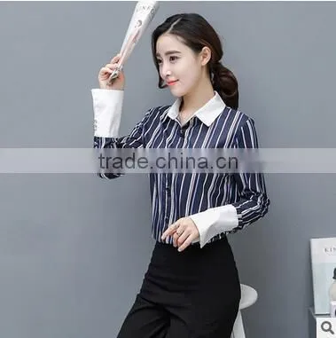 New Arrival Women's Loose Slim Long Sleeve Tops Striped Blouses Designs For Sale photo-2