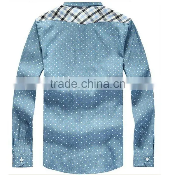Latest 100% Cotton Light Blue Dot Denim Cowboy Long Sleeve Casual Shirt for Men With One Pocket photo-3