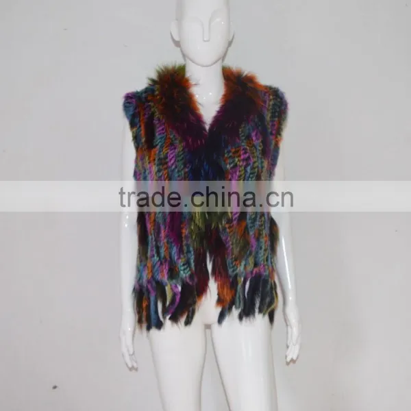 SJ005 Sexy America Tassels Rabbit Knitting Vest With Raccoon Fur