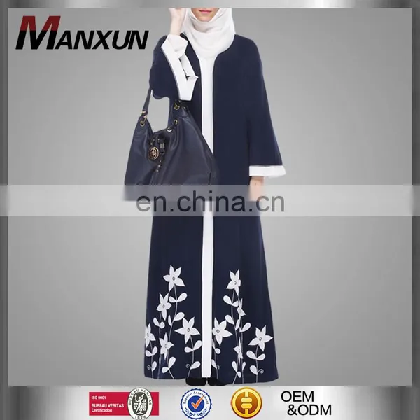 OEM China Muslim Women Abaya Navy Blue Front Open Maxi Dress With Beautiful Flower