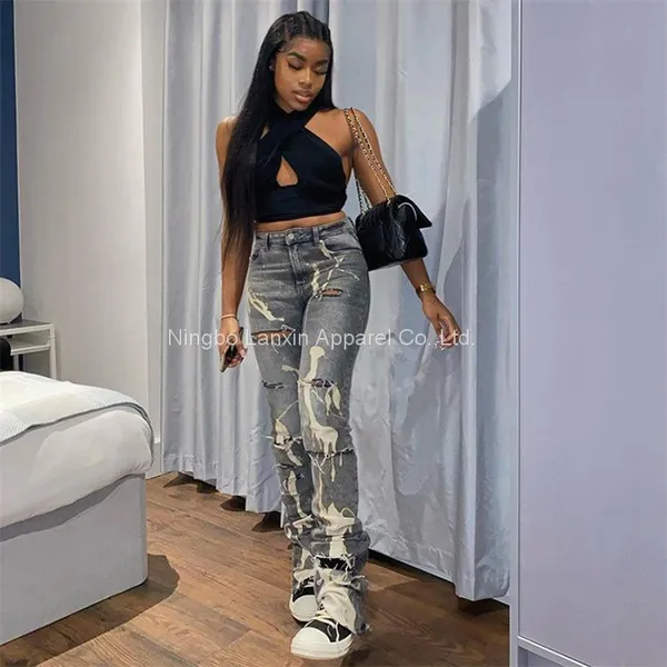 Womens Graphic Print Ripped Distressed Jeans Grey High Waist Y2K Straight Leg Denim Pants