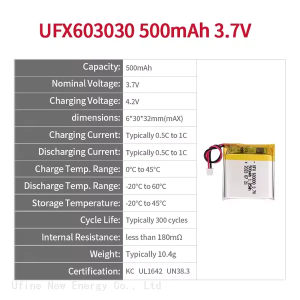 3.7V Lithium Ion Battery for Sale UFX 603030 500mAh Contains Multiple Certifications photo-2