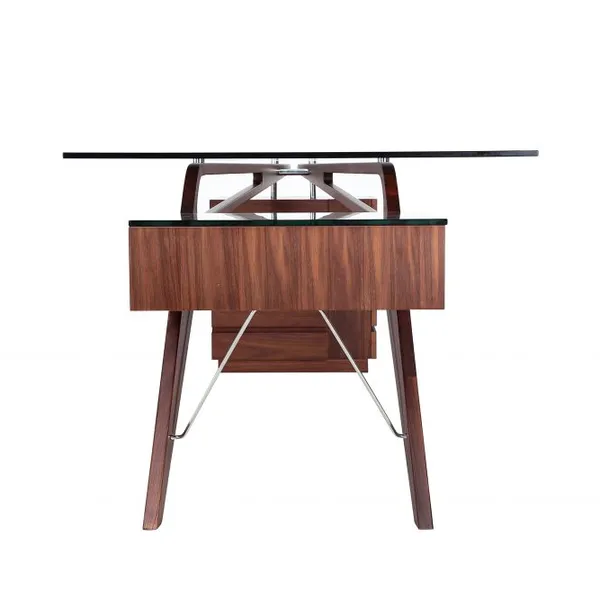 Mid Century Cavour Replica Designer Office Desk Solid Walnut Wood Clear Tempered Glass Top Executive Writing Desk photo-2