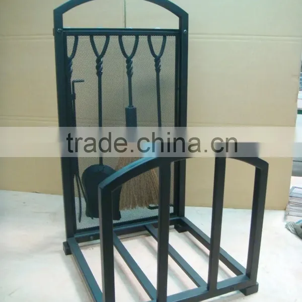 5 Piece Matte Black Hearth Center, Log Rack With Fireplace Tools photo-5