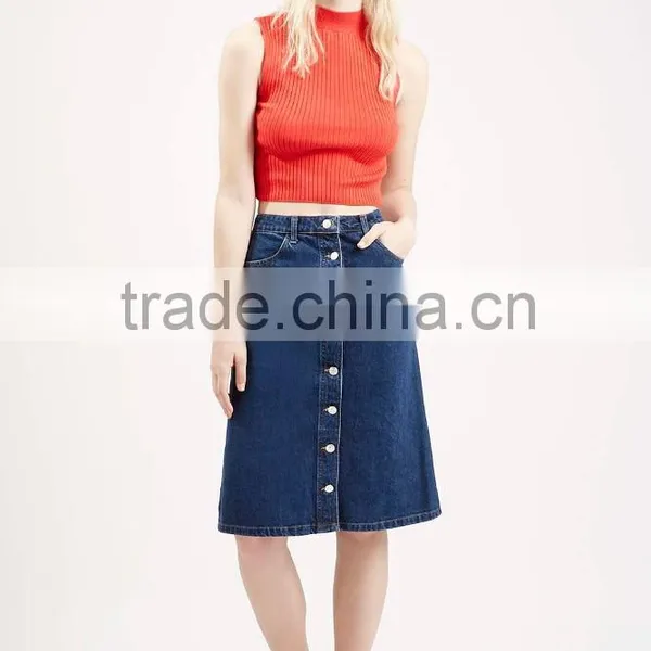 Girls Knee Length Denim Skirt Open Front Button Front Midi Length Skirt photo-2