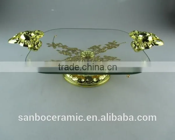 Hanging Crystals Cake Stand, Rectangle Golden Glass Cake Plate With Footed and Handle photo-2