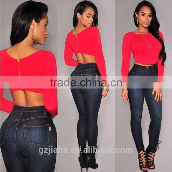 2015 New Fashion Crop Tops T Shirt Long Sleeve Backless T Shirt Blusas Back Zipper Blouse Woman Clothes Roupas Femininas photo-2