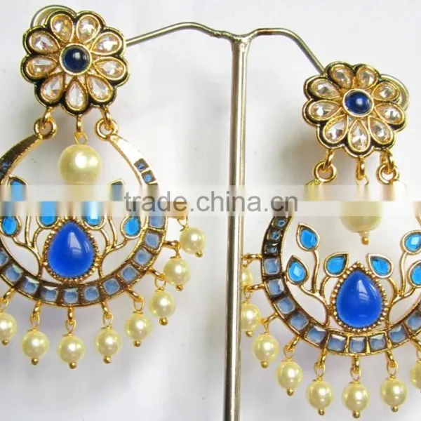 Gold Plated DANGLER BLUE WHITE PEARL CHAND BALI Earrings photo-2