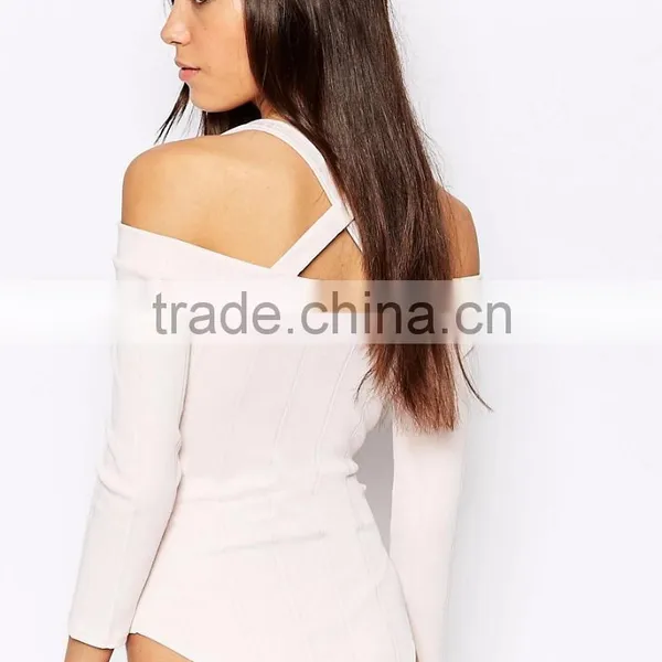 2016 Autumn Long Sleeve Sexy Women Bodysuit Plain White Halter Neck Off Shoulder Leotard In Rib Your Own Brand photo-3