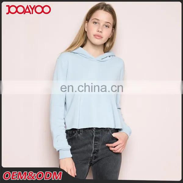 Soft Fleece-lined Pastel Blue Cropped Raw Cut Hems Blank Pullover Hoodie photo-3