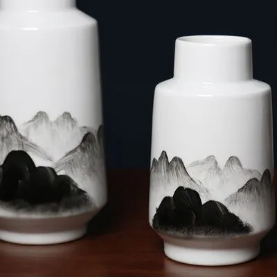 New Chinese Modern Ink Wash Painting Hand Made White Ceramic Flower Vase For TV Bench photo-3