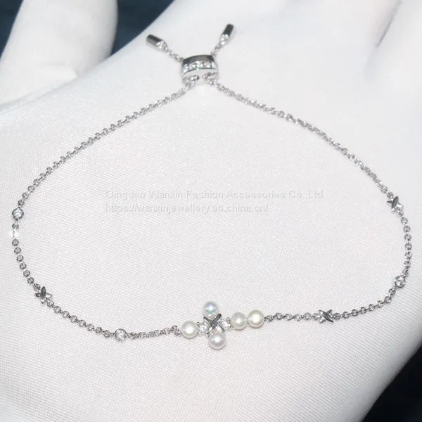 S925 Sterling Silver Bracelet Female Diamond Freshwater Pearl Cross Bracelet photo-2