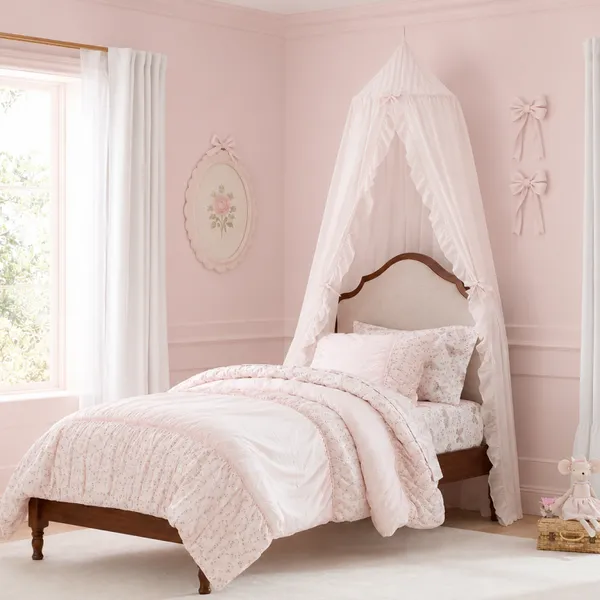Kids Bed Canopy With Ruffles, Pastel Neutral Color for Boys & Girls, Frilled Cotton Tent Nursery Room Baby Crib Hanging Curtain Mosquito Netting photo-4