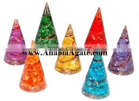 Dyed 7 Chakra Orgone Cone With Copper Wire Wrapped Set