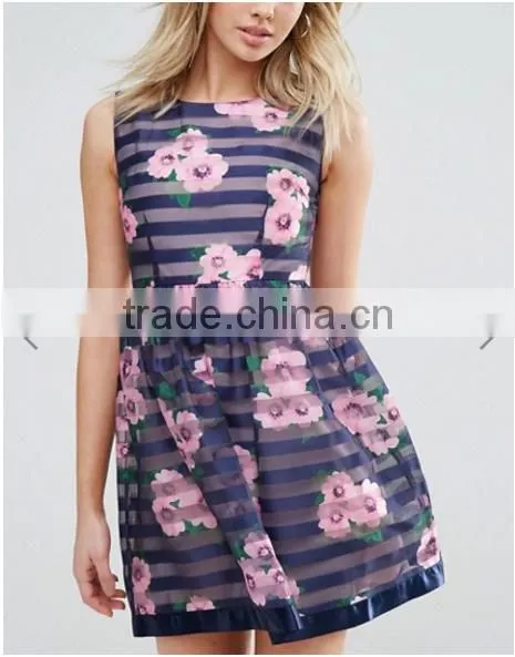 Floral Print pattern Stripe Organza Sleeveless Dress/women dress/clothing