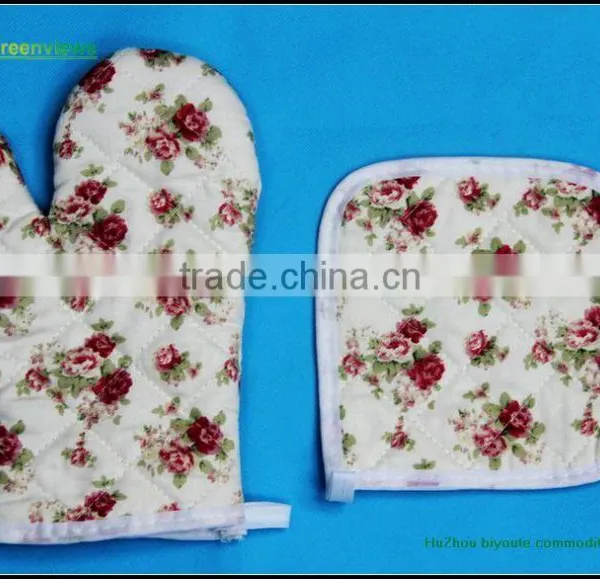 Cotton Printed Yellow Stripe Oven Mitt & Pot Holder Factory Eco Friendly Pot Holders and Oven Mitts 2 Kitchen Sets-oven photo-3