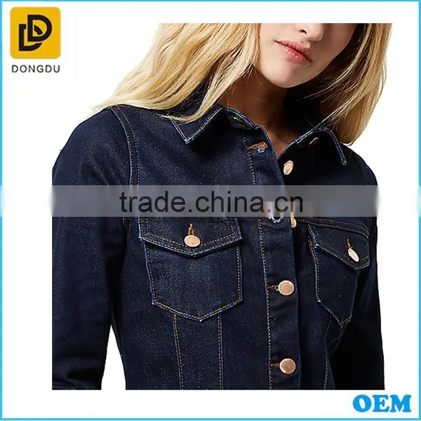 OEM Western Style Lady Long Sleeve Dark Blue Denim Button Up Thick Shift Cotton Winter Dress photo-3