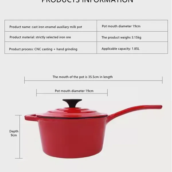 High Quality Multi-function Hot Milk Pot Cast Iron Red Enamel Soup Pot Thickened 19 cm Sauce Pot With Long Handle photo-3
