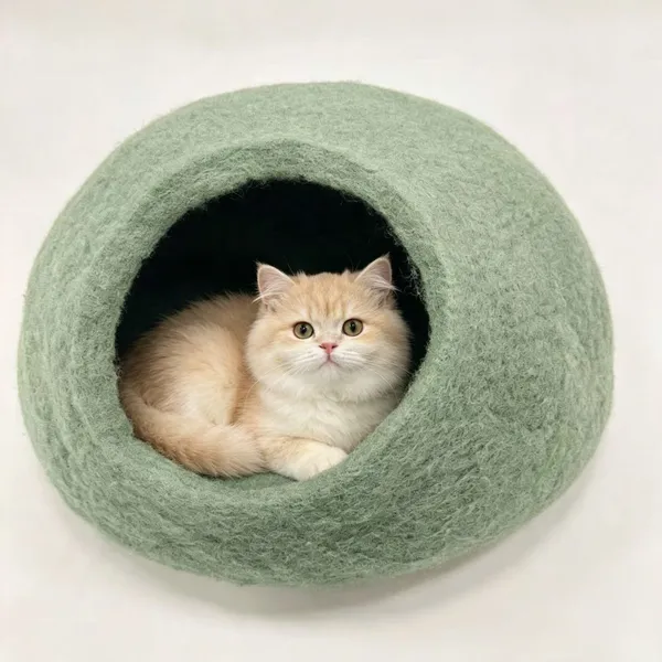 Cat Cave Premium Felt Cat Bed Bed Enclosure for Indoor Cats, Handmade Merino Wool Light Green