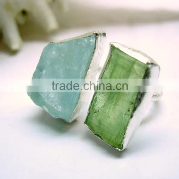 Aquamarine & Green Kyanite Rough Natural Gemstone Ring, 925 Solid Sterling Silver Ring, Designer Raw Bezel Ring photo-2
