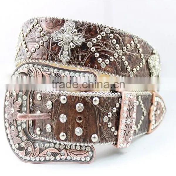 2016 New Design Western Rhinestone Leather Belt With Crystals Circle Chains and Studs Embedded photo-3