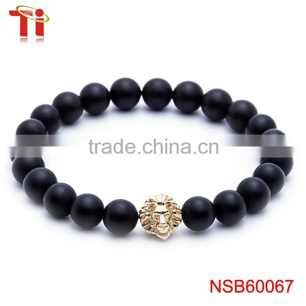 8mm Black Natural Matt Onxy Beads Lion Head Charm Bracelet, Most Popular Stainless Steel Jewelry Bracelet for Men photo-2