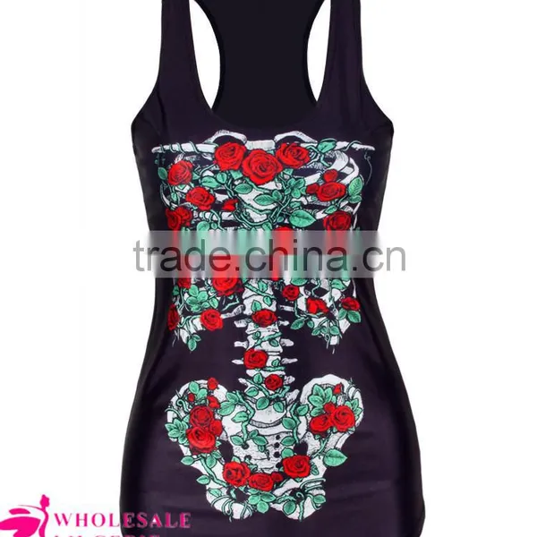 Wholesale Black Cool Womens 3D Flower Skeleton Printed Tank Top BX147 photo-5