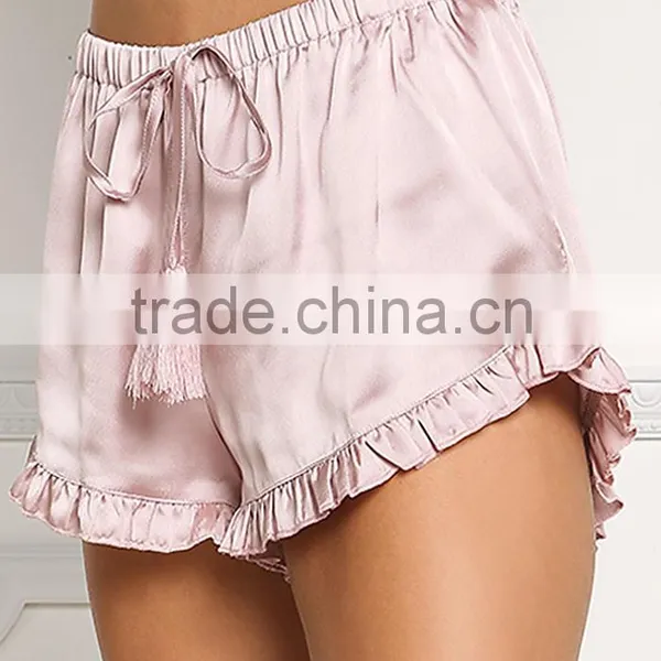 MGOO Foshan Manufacturer Satin Ruffle Trim Shorts High Waist Stretch Sleepwear Pink Plain Shorts photo-4