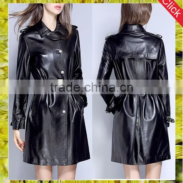 Latest Womens Black pu Leather Coats Midi Windbreaker Slim Fit Jacket