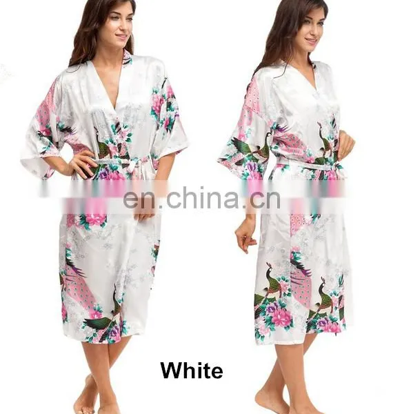 Women's Peacock Print Half Sleeve Silk Kimono Bridesmaid Long Robe Nightgown photo-4