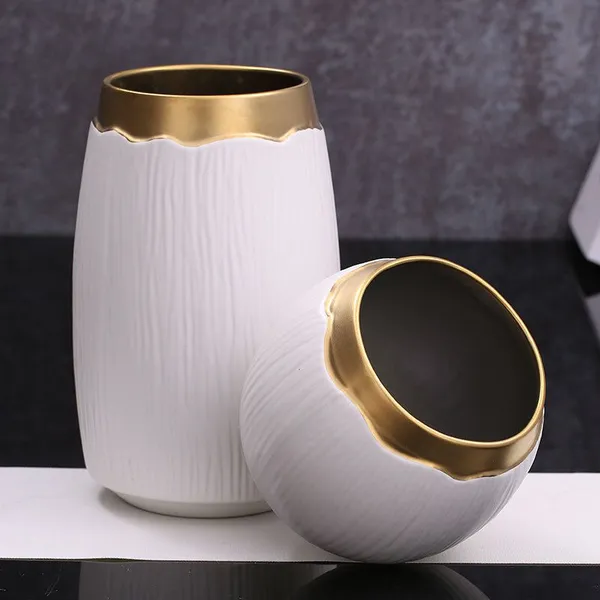 Wide Mouthed White Stripe Gild Hand Made Ceramic Vase For Hallway Decoration photo-2