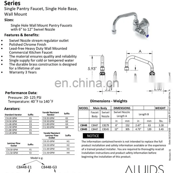 Pantry Faucet With Single Hole Base Wall Mount Swing Nozzle Length 6