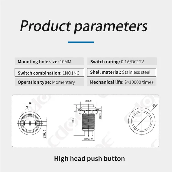 10mm Metal High Round Head 1 Normally Open and 1 Normally Close Electrical Button Momentary photo-3