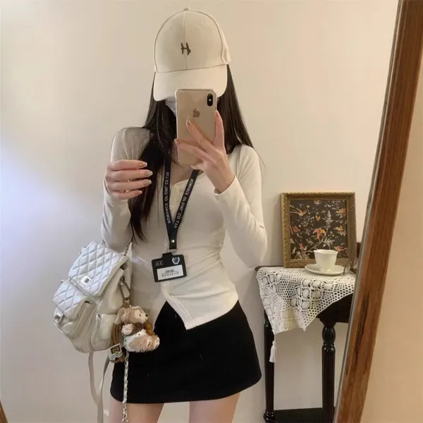 Button Pleated Lace-up Long-sleeved T-shirt Women's 2025 Autumn New Slim Design Sense Undershirt Top Trend photo-2